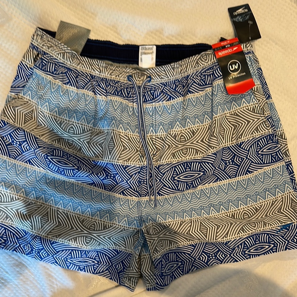 Speedo Blue and White Swim Trunks with Geometric Flair